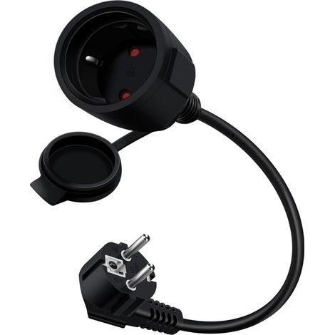 Rallonge électrique Schuko Coudée - 1 Prise - PVC Noir - IP44 étanche - Intérieur Extérieur - 0,5m (1/5)