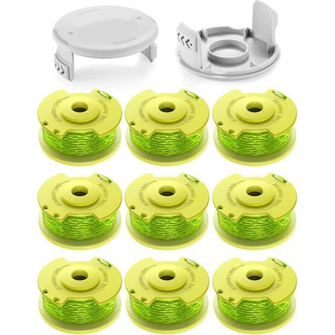 11 bobines de fil 2.0mm pour coupe-bordures Ryobi One+ 18V/24V/40V. Longueur 3.4m, compatible AC14RL3A. Inclut 9 bobines, 2 couvercles. (1/5)
