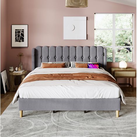 Cama tapizada de lino gris 180x200 cm con USB y puerto Tipo-C, somier de láminas incluido (1/5)