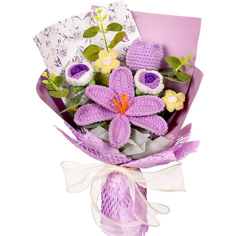 Bouquets de tulipes et de roses au crochet, cadeaux d'anniversaire, cadeaux d'anniversaire, cadeaux de remerciement pour les enseignants, décoration intérieure, violet. (1/4)