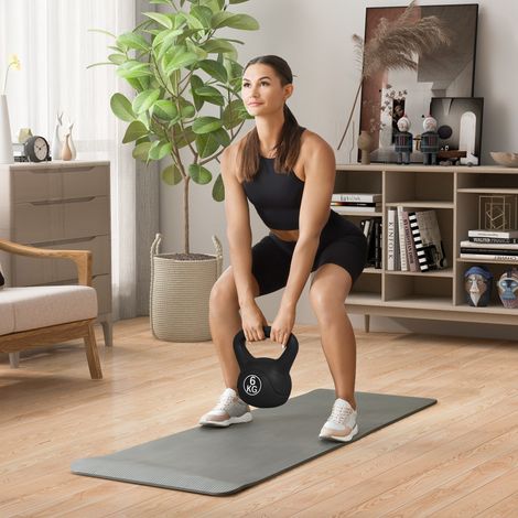 6 kg Kettlebell für Sport und Fitness mit flacher Basis und Griff, Kettlebell-Gewichte für das Heimtraining, 20 x 13 x 22 cm, Schwarz