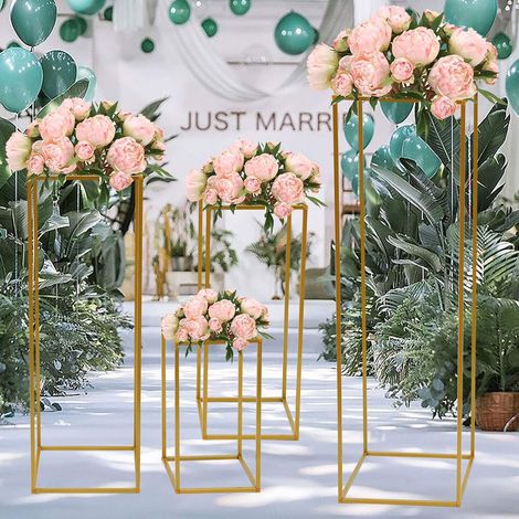 Lot de 4 Supports de Fleurs pour Table de Mariage - Centres de Table 100 cm, 80 cm, 60 cm, 40 cm - Métal Doré, Vase de Sol Géométrique, Colonne pour Décoration (1/5)