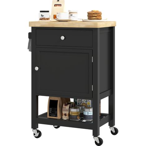 Desserte de cuisine à roulettes 63,5 x 40 x 90 cm tiroir et placard gain de place modulaire scandinave épuré en MDF noir (1/5)