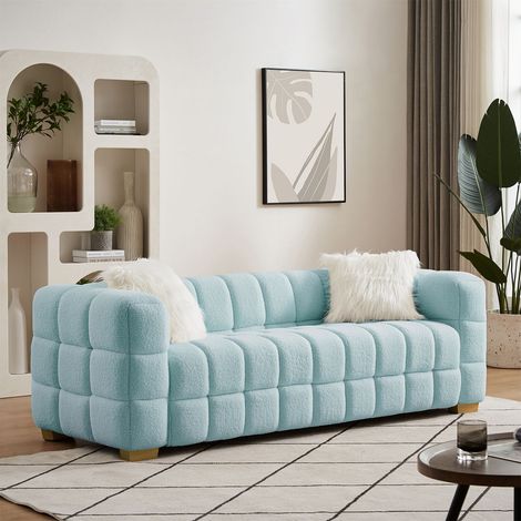 Teddy Fleece Fabric 3 Seater Sofa Loveseat Couch with 2 Pillow - Baby Blue (1/5)
