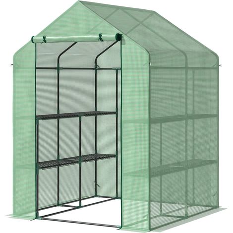 Foliengewächshaus Begehbares Treibhaus Mit 8 Regalebenen, Ideal Für Tomaten, Stahl & Pe-Kunststoff, Grün, Mit Tür
