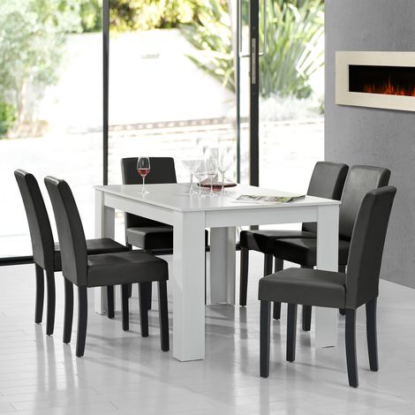 Set Pranzo con Tavolo 140x90 cm e 6 Sedie in Similpelle - Bianco / Grigio scuro [en.casa] (1/5)