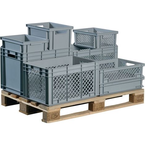Contenedor de transporte L400xW300xH170mm gris PP tamaño de apertura, paredes laterales perforadas