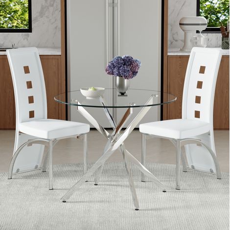 Conjunto de mesa redonda de 88 cm de vidrio templado con 2 sillas blancas de PU y metal (1/5)