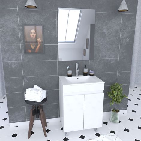Mobile da Bagno 60x45x81- MDF Melamina bianco Lucido- Lavabo in Ceramica + Specchio