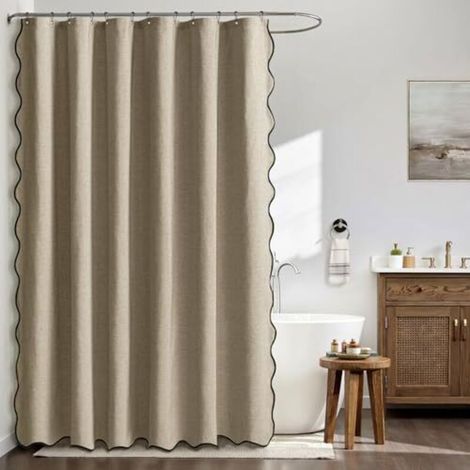 Strukturierter, gewellter Duschvorhang aus Leinen, 180 x 200 cm, Khaki, luxuriöser, wasserdichter Duschvorhang, schimmelresistenter, waschbarer Stoff-Badezimmervorhang mit 12 Metallhaken.