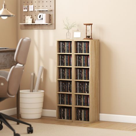Lot de 2 étagères colonnes armoire de rangement CD-DVD 12 compartiments 21 x 22.5 x 88.5 cm capacité 204 CD chêne