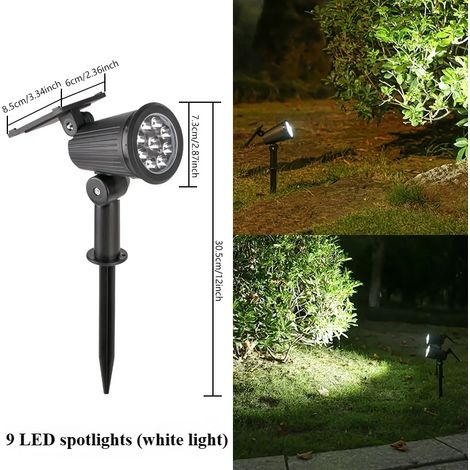 Projecteurs solaires KDULIT (9 LED blanches) Orientables à 150° pour jardin, cour et pelouse, étanches, décoration extérieure, lampadaire paysager (1/5)