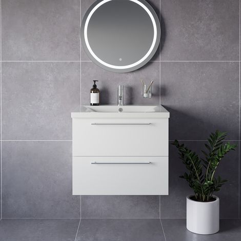 Napoli 460 Gloss White 600mm Wall Mounted 2 Drawer Vanity Unit with Glide Basin - 600mm - Chrome 320mm Handle