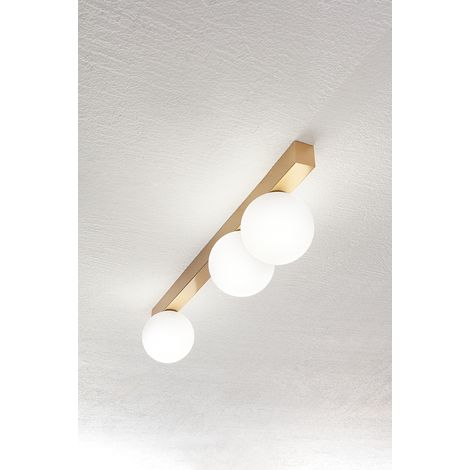 Plafonnier moderne à 3 lumières en métal doré mat avec diffuseurs sphériques en verre blanc dépoli - Design élégant 60 cm - Marque Perenz