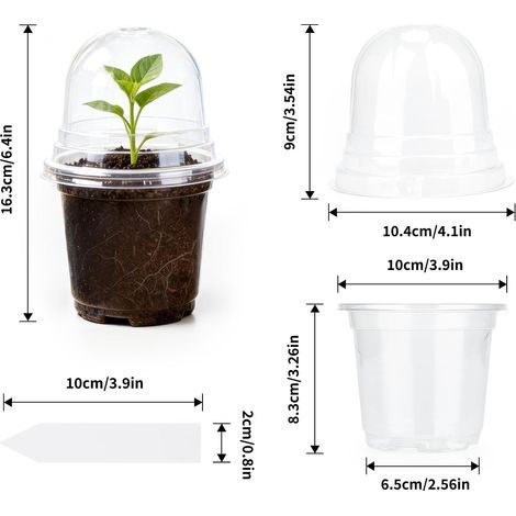 KINGLAKE 10CM Pot pour Semis, 12 Pieces Pot de Fleurs en Plastique, Godet de Culture Rempotage, avec Couvercle Transparent et 10X étiquettes de Plantes, Godet Repiquage Plantation - Transparent (1/4)
