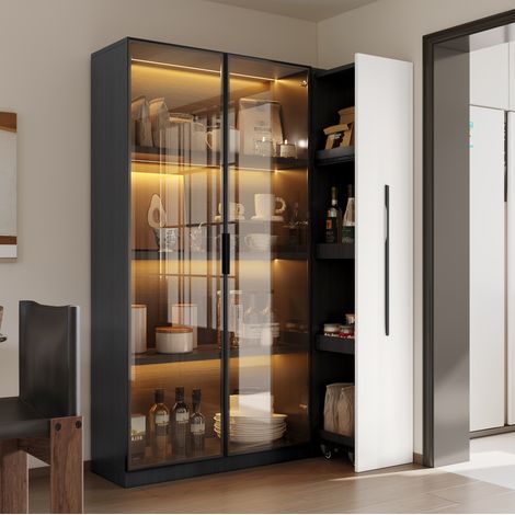Vitrine 110,5x35x160 cm en MDF et verre noir et blanc, avec rangement pour salon FloraGrace (1/5)