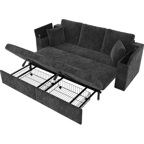 Divano Letto 3 Posti in Chenille con Contenitore, Porte USB e Type C, Struttura in Metallo, Grigio (1/5)