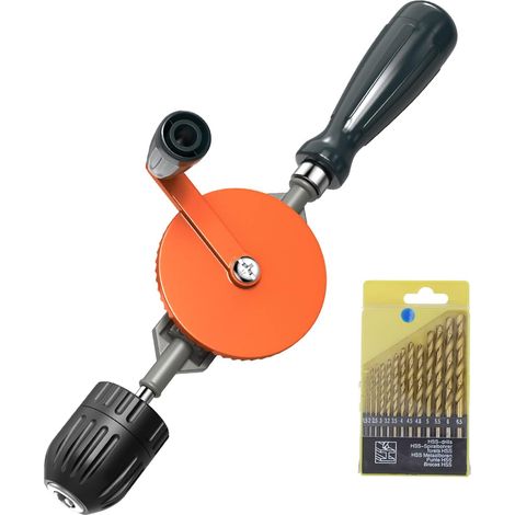 Perceuse à Main, Perceuse Manuelle à Double Pignon de 3/8 Pouces (1-10mm) avec Mandrin de Précision sans Clé, Chignole à Main en Acier Moulé avec 13PCS Forets pour Bois Plastique, Orange (1/5)