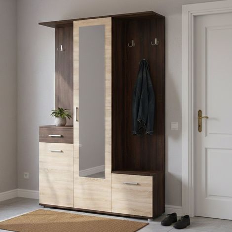 Mueble de Entrada Volpara, Espejo Incluido, un Cajón, 9 Estantes, 133.5x33x197.5h cm Roble Marrón