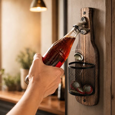 Ouvre‑bouteille mural vintage avec panier récupérateur de capsules, ouvre‑bouteille en fonte pour décoration de cuisine et bar (1/5)