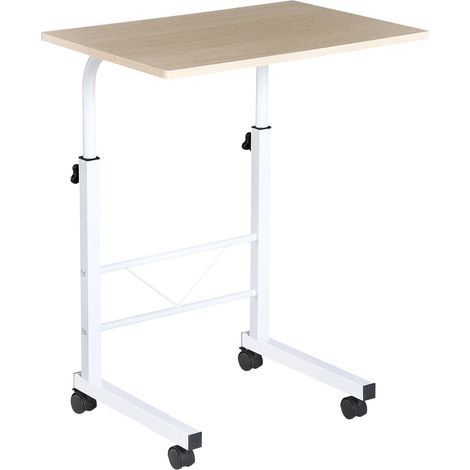 Mesa auxiliar, mesa de centro ajustable en altura, escritorio móvil con ruedas y frenos, mesa en forma de C, paneles de partículas, acero, hierro, plástico, color arce blanco, 60 x 40 x 68-78 cm (1/5)