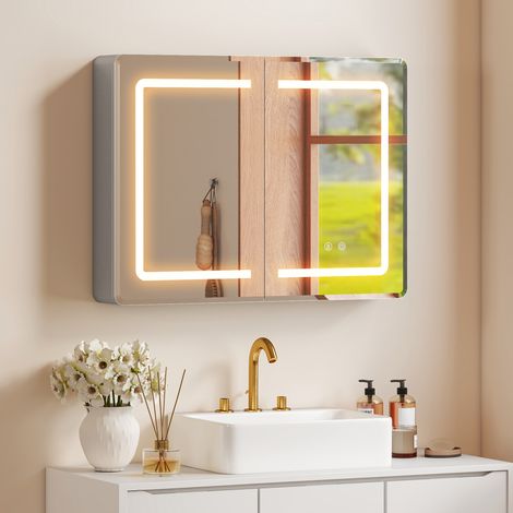 Armoire de toilette avec miroir et éclairage LED, 60 x 80 cm, revêtement antibuée, intensité lumineuse réglable sur 3 niveaux. (1/5)