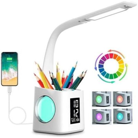Lampe de Bureau LED Dimmable,Lampe de Chevet Enfant avec Coloré Veilleuse,Port de Chargement USB,3 Niveaux de Luminosité/Porte Stylo/Affichage LCD/L'horloge/Réveil/Calendrier /Thermomètre (1/4)