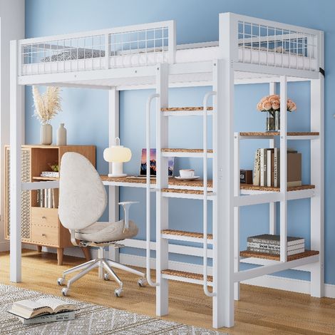 Hochbett mit Schreibtisch und Regal, Metall Etagenbett 90x200 cm für Kinder, Jugendbett mit Fallschutz und Leiter, EN747 zertifiziert, Weiß und Natur (1/5)