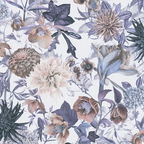 Papier peint nature violet et orange Tapisserie florale style botanique Papier peint fleuri cottage idéal pour chambre (1/4)