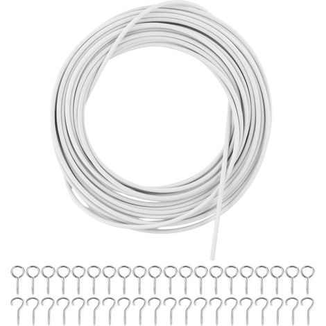 Cable pour rideau 10m blanc, corde à rideau plastifiée, avec 20 oeillets à vis et 20 crochets pour fixation de rideaux (1/5)