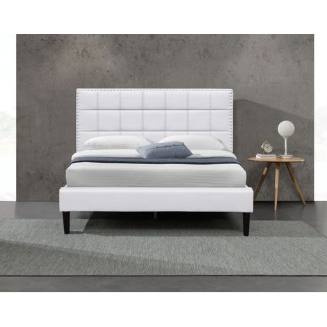 Lit 140x200 - Sommier + Tête de Lit Capitonnée Blanc - Pieds de 16 cm - 13 Lattes - Revêtement PVC Simili Facile Entretien - Montage Rapide - Confort Optimal - Lit Riley Blanc (1/2)
