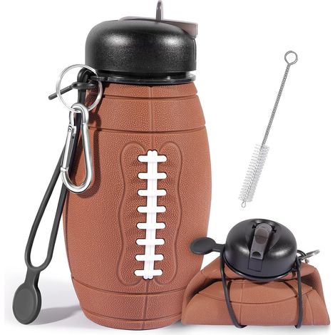Gourde pliable pour garçon, 550 ml (19 oz), en silicone, étanche, idéale pour le sport, l'école et les voyages. Bouchon à clapet, style rugby. (1/5)