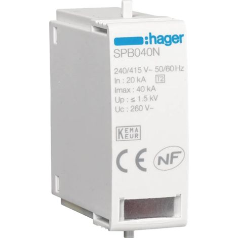Cartouche N-PE Uc 260V In 20kA Imax 40kA Up 1.5kV HAGER SPB040N