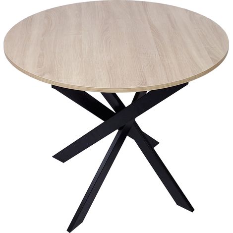 Skraut Home - Runder fester Esstisch, Modell ZEN, Wohnzimmer, 90 x 90 x 77 cm, Kapazität für 4 Personen, Widerstandsfähige Materialien, Farbe Eiche, Matt Schwarze Metallbeine lackiert (1/4)