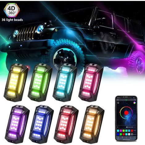 Luci LED multicolore, grandangolo 150°, impermeabili IP68, con app Bluetooth, funzione di sincronizzazione musicale, per SUV, ATV, UTV, 8 pezzi. (1/5)