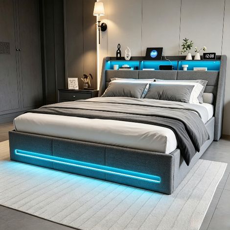 Lit Coffre 140x190 avec Sommier,LED et USB,Lit Double Rembourré avec Hydraulique Rangement et Tete de lit,Lit 2 Personnes,Cadre de Lit Capitonné pour Adultes et Adolescents,Lin Gris (1/5)