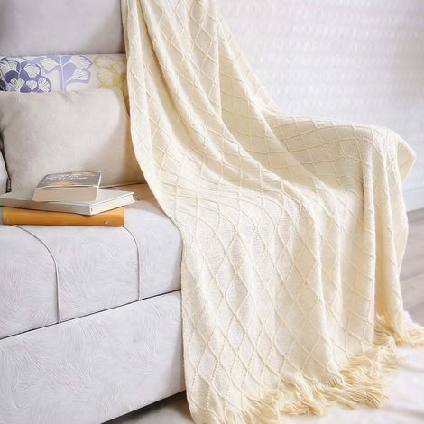Couverture Tricotée Franges, Jetés De Lit Couleur Unique, Blanket Sofa Fauteuil, Plaids Nordique Chaud, Jeté Tapis à La Mode Doux, Couverture Jeté De Canapé Couvre-Lit Décorative 130x180cm (Beige) (1/5)