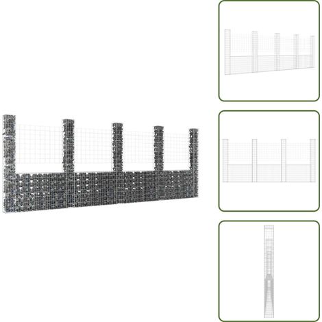 Gabionenkorb U-Form mit 5 Säulen Eisen 500x20x200 cm - Gabionenkorb - Gabions - Gartenzaun - Staketenzaun - Terrassenabtrennung (1/5)