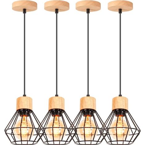 Lot de 4 Suspension Luminaire Industriel Vintage Lustre Abat-jour en Bois Métal Lmape de Plafond Réglable pour Salon Chambre (1/5)