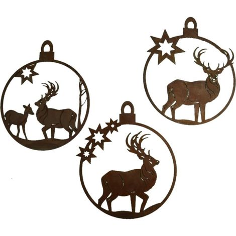 Lot de 3 Suspensions de Noël Cerf en Métal Aspect Rouille Patinée pour Sapin et Jardin - PANGIVO