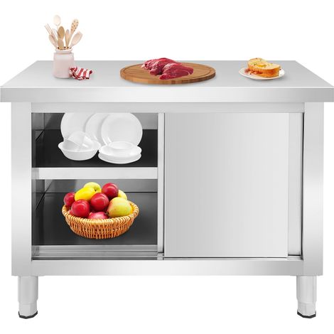 Table de travail en acier inoxydable, armoire à 2 niveaux avec étagère inférieure et portes coulissantes, table de cuisine, Table de travail commerciale avec portes - 100 x 60 x 80 cm (1/5)
