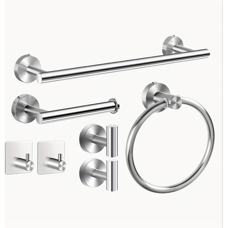 Un juego de siete accesorios de baño de acero inoxidable, que incluye un toallero y un toallero plateado. (1/4)