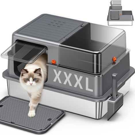 Stainless Steel Litter Tray XXXL – Large Open Cat Litter Tray, Dark Grey (1/5)
