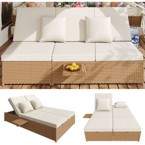 Gartenliege Doppelliege 199x120 cm aus Rattan, Outdoor Doppelliege klappbar mit Kissen, wetterfeste Poolliege Rattan für Balkon, Lounge und Garten, Weiß