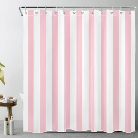 Rayures Roses et Blanches Rideaux de Douche 180x200cm Art géométrique Simple Rideaux de Bain avec Crochets, Minimaliste Extra Longue Imperméable Polyester Anti Moule Salle de Bain Décor (1/5)