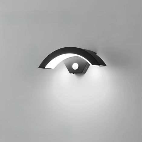 LED-Wandleuchte mit Bewegungsmelder, wasserdichte Ausführung, schwarze Bogenform, geeignet für Eingänge, Terrassen, Garagen, Balkone und Gärten - weißes Licht.