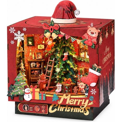 Serre-livres chalet de Noël en bois à faire soi-même, micro-paysage enneigé assemblé à la main, personnalisable (1/5)