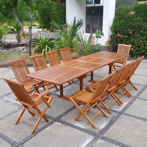 Tavolo da giardino rettangolare 8 sedie e 2 poltrone in teak oliato LUBOK