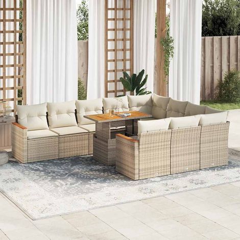 Salon de jardin 11pcs avec coussins beige résine tressée acacia (1/5)