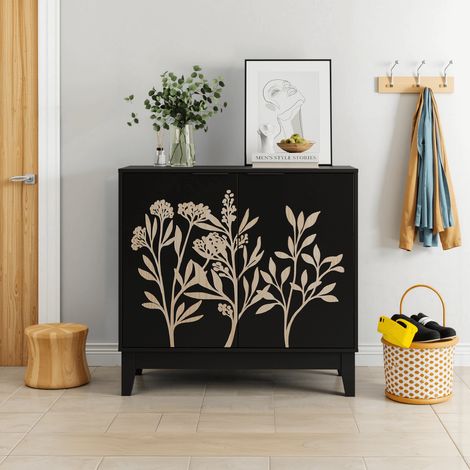 Buffet Vintage 80 cm Blanc Sculpté – 2 Portes, Étagères Réglables, MDF, pour Salon/Cuisine/Entrée (1/5)